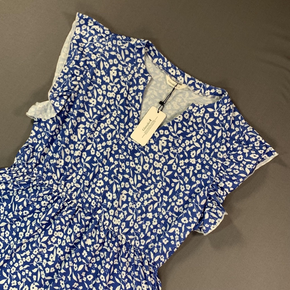 NEW Glamaker Dress Womens LG Blue Floral V-Neck Ruffle Flutter Sleeve Sundress